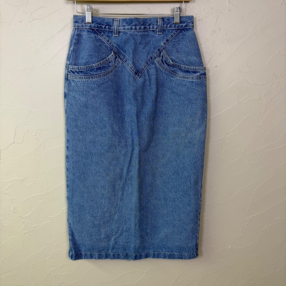 Vintage 80s American Profile Jean Skirt 10 Front Yoke Made USA Blue Western Boho